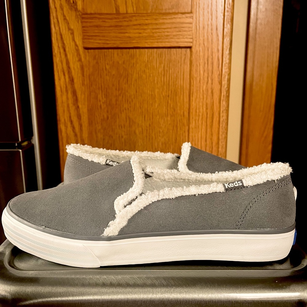 Keds grey suede faux shearling double decker slip on